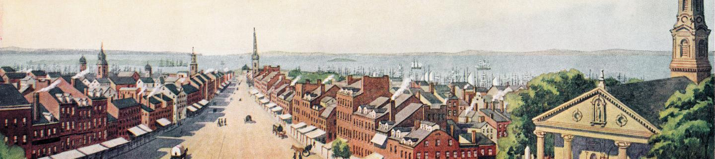 A watercolor of Broadway showing St. Paul's and Trinity, circa 1900